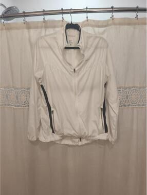 Nike Women’s Windbreaker SZ L White Full Zip Hood Vented Track Jacket RN 56323
